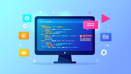 Digital Code Editor UI Displaying Syntax Highlighting And Success Flags On A Gradient Blue Background