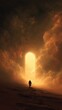 © Asayamrad - A lone figure walks towards a glowing, arched doorway surrounded by dramatic, swirling clouds and warm, radiant light.
