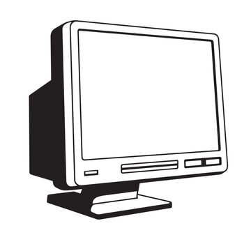 A simple black and white illustration of an old computer monitor isolated on a white background showing a retro design