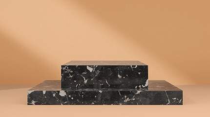 Fototapete - Elegant marble showcase product background stand or podium pedestal on golden display with luxury backdrops. 3D rendering