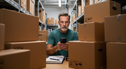 Man managing inventory with a smartphone surrounded by cardboard boxes in a stockroom, optimizing his business operations.