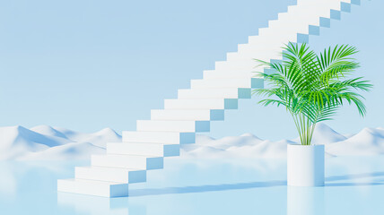 Aufkleber - A minimalist 3D rendering of white geometric stairs ascending from a light blue surface against a soft blue gradient background