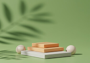 Poster - 3D wooden podium display with leaf shadow. Copy space green background. Cosmetics or beauty product promotion mockup. Natural stone step pedestal. Trendy minimalist banner, 3D render illustratio