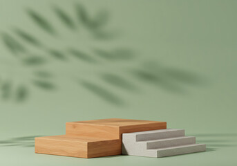 Poster - 3D wooden podium display with leaf shadow. Copy space green background. Cosmetics or beauty product promotion mockup. Natural stone step pedestal. Trendy minimalist banner, 3D render illustratio