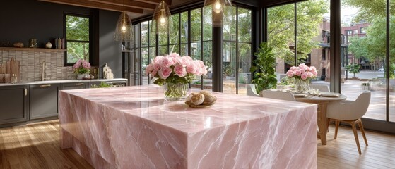 Poster - Bright natural light floods a stylish kitchen featuring a pink quartz island and adorned with pink floral arrangements for a chic look