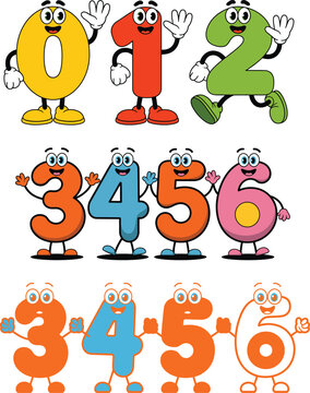 A collection of cute cartoon number characters from zero to six. Features friendly, colorful mascots and a black and white outline version for children's educational activities.
