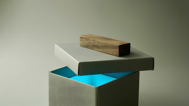 Open gift box reveals a bright blue light with a wooden block