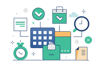 Poster - Abstract illustration of time management and financial planning concept featuring a diverse collection of associated icons.