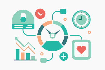 Poster - Illustrated health and wellness concept depicting time management and progress tracking elements in a minimalist style