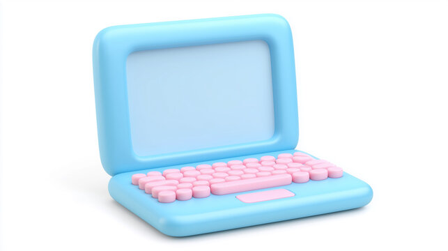 Colorful 3D blue laptop icon with pink keyboard design isolated on white background