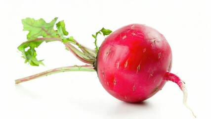 Poster - A bright red radish growing its vibrant green leaves on a clean white surface