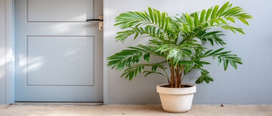 Poster - Chic entrance showcases a wooden front door, a unique peephole, and a stylish potted plant by the grey exterior wall