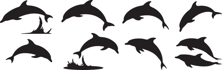  Black silhouettes of dolphins leaping from water jumping splash set, bundle, vector, isolated on white background, cutout, png, clipping path, transparent, image, download, 2025,2026