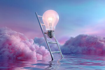 Wall Mural - surreal concept of creativity and inspiration with a light bulb on a ladder emerging from water and 
