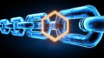 Fototapete - Glowing blue and orange chain link, abstract digital art representing connection technology