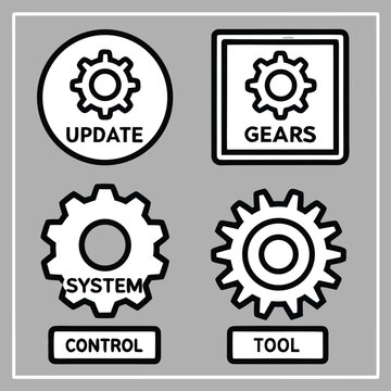 Five gear icons with text labels on gray background