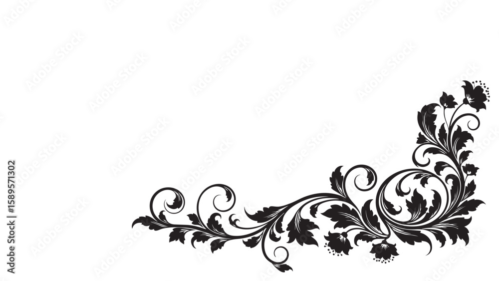 Ornate floral corner design with leaves and flowers in black and white ...