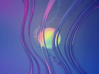 Poster - Abstract Futuristic Background with Glowing Sphere and Wavy Transparent Tubes