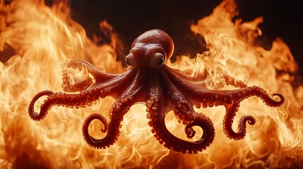 Poster - Red Octopus Amidst Fiery Orange Flames Against Dark Background