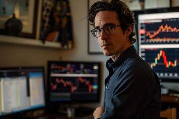 Poster - Stock trader analyzing real time market data on multiple computer screens in his home office