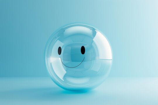 Glass sphere with a smiley face conveying happiness, positivity, and good vibes on a light blue background