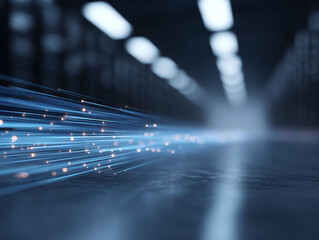 Poster - Futuristic data streams. Abstract image of bright blue light trails in a dark industrial setting, conveying speed, connectivity, and innovation. Use for technology, science, or network concepts.