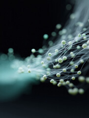 Poster - Abstract, soft focus image of interconnected spheres and lines against a dark background. Evokes connectivity, networks, science, or futuristic concepts. Great for technology or data themes.