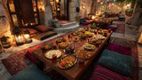 Tradycyjna kuchnia turecka serwowana w klimatycznym otoczeniu z kolorowymi dywanikami, lampkami i uroczymi domkami w tle. Orientalny klimat i autentyczne smaki.