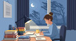© Briliana - A young woman studies at a desk under a lamp, night scene outside.