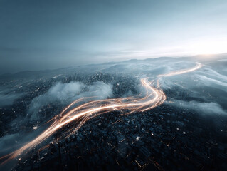 Poster - aerial view of a glowing network stream through a futuristic cityscape. illustrates connectivity, in