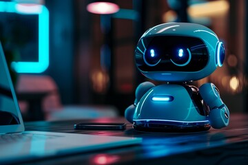 Fototapete - Small, friendly robot sits on desk with laptop and smartphone in modern, neon lit office, embodying future of technology