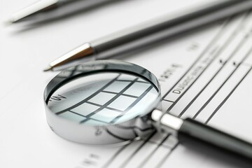 Poster - Magnifying glass focusing on financial data, suggesting detailed analysis and review of business performance