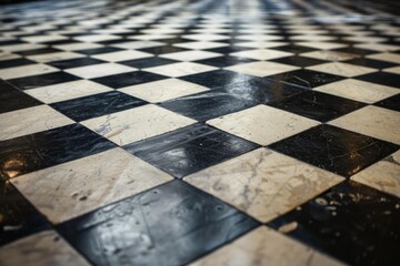 Poster - Black and white marble tiles arranged in a checkered pattern create a visually striking floor