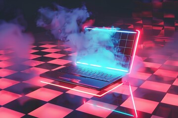 Poster - Open laptop emitting smoke with blue and red neon lights illuminating checkered floor in dark room