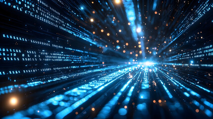 Digital Data Stream: Binary Code Tunnel with Futuristic Technology and Glowing Light Effects