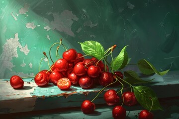 Poster - freshly picked red cherries with leaves, creating a vibrant still life on a weathered turquoise surf