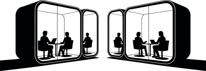 Fototapete - Two black silhouette meeting pods with people working on laptops office pod workspace