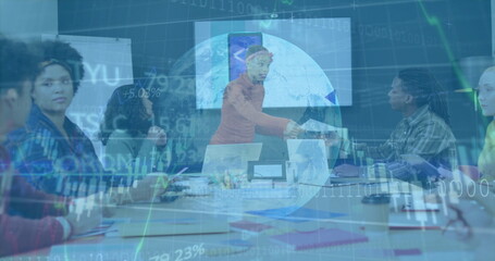 Poster - Handing tablet woman in red sweater offering device to seated colleague at modern conference room