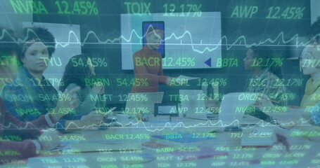 Poster - Six professionals discussing financial data in corporate conference room, with laptops, notebooks