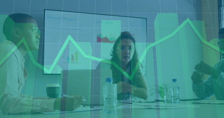 Poster - Reviewing chart display, woman wearing glasses leading discussion at conference room, with laptops