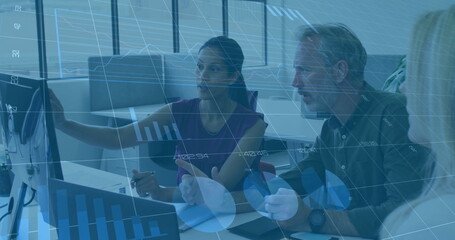 Poster - Pointing business professionals analyzing data on computer monitor in modern office, with charts