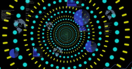 Poster - Displaying aqua dots and yellow bars spiraling in data tunnel, with globe icons and code text