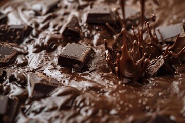 Poster - Pieces of chocolate falling into melted chocolate, creating splashes and a delicious texture