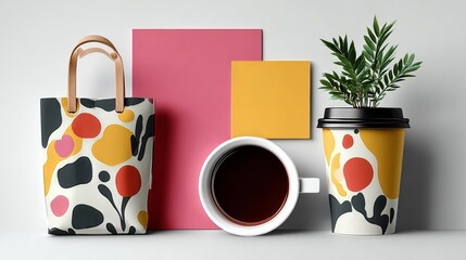 Poster - Coffee cup, a bag and a plant are displayed on a white background