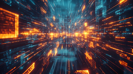 Abstract technology background with digital data stream and cyberspace perspective view