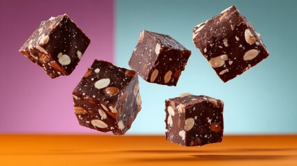 Poster - Close up of a chocolate bar with nuts in it. The chocolate bar is in the air and has been split into five pieces