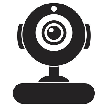 Black and white graphic illustration of a modern web camera for online meetings and video calls in minimalistic design