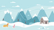 © abangaboy - Minimalist Vector SVG Illustration of Snowy Mountain Landscape with Cabin and Dog in Flat Style with Blue and White Colors