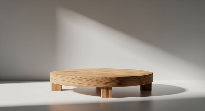 3D rendered mockup featuring a minimalist round wooden podium. This versatile product display mockup is set against a clean white background, illuminated by natural light and casting subtle shadows. T