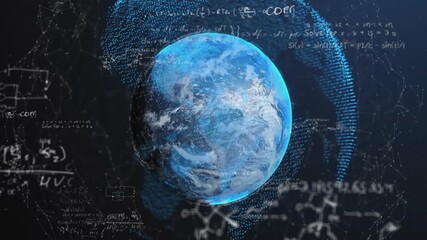 Poster - On launch digital Earth appearing, formulas fading, data ring pulsing, illustrating global network